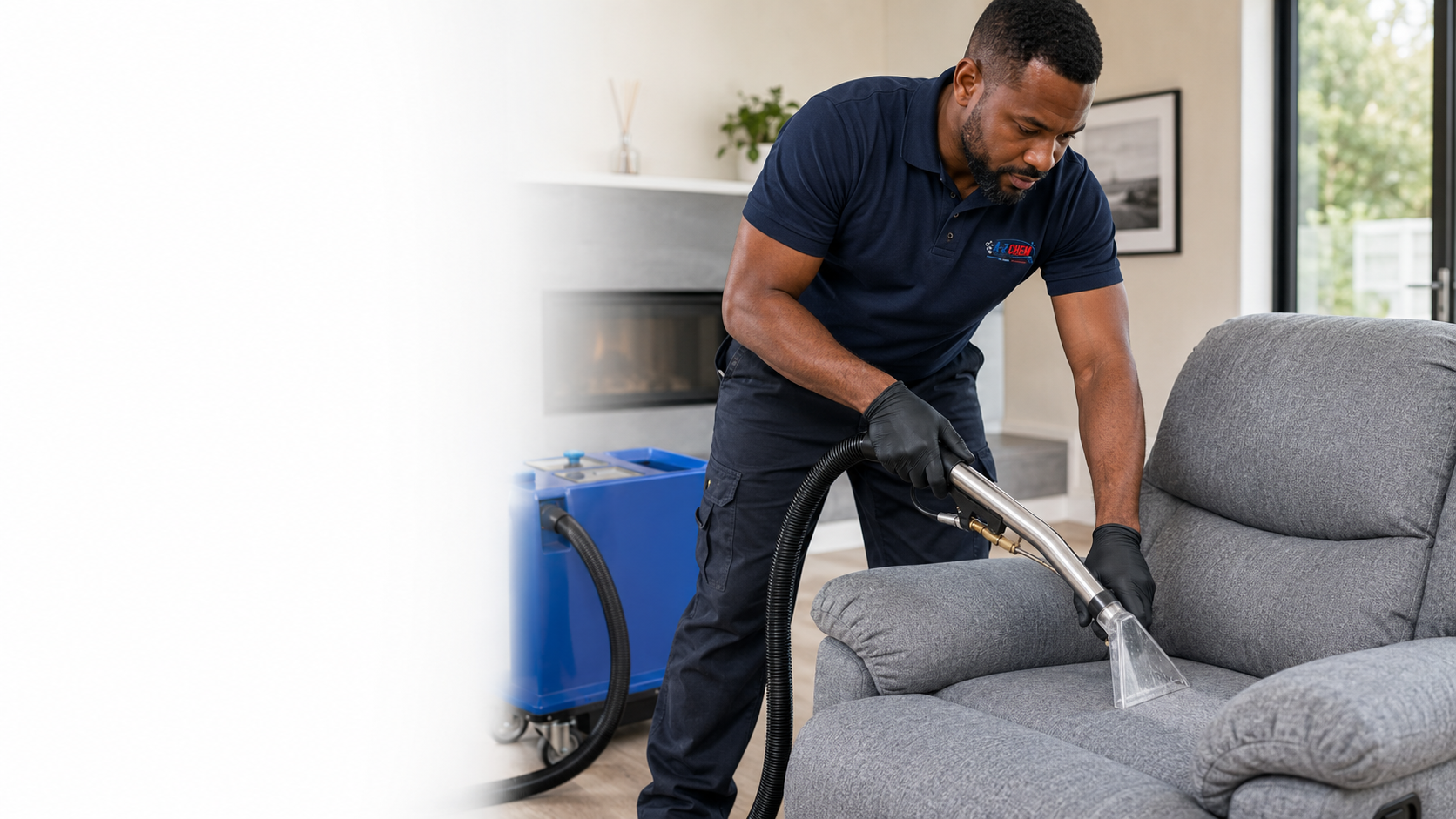 A-Z Chem technician professionally cleaning a fabric armchair in Pretoria